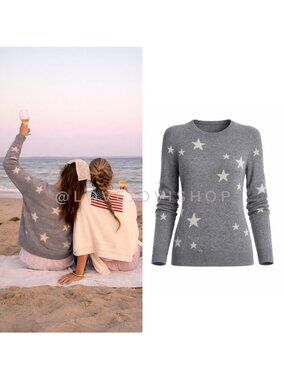 Sweater | NWT 100% Cashmere Star Intarsia Crewneck Gray| Americana Lightweight